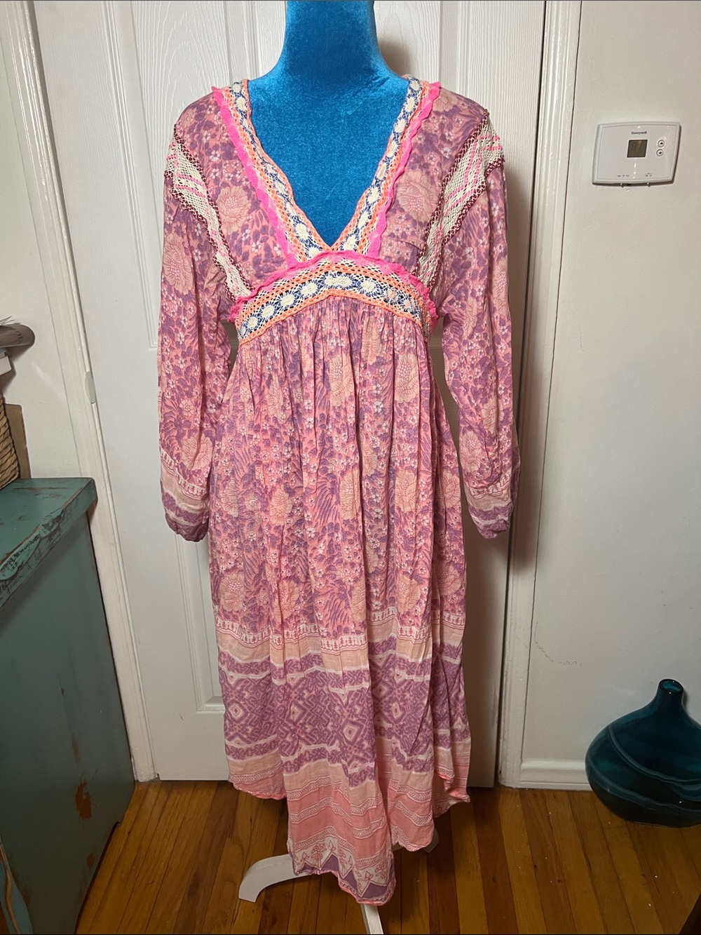 Blue BOHEME Floral Midi Dress Cotton Size OS